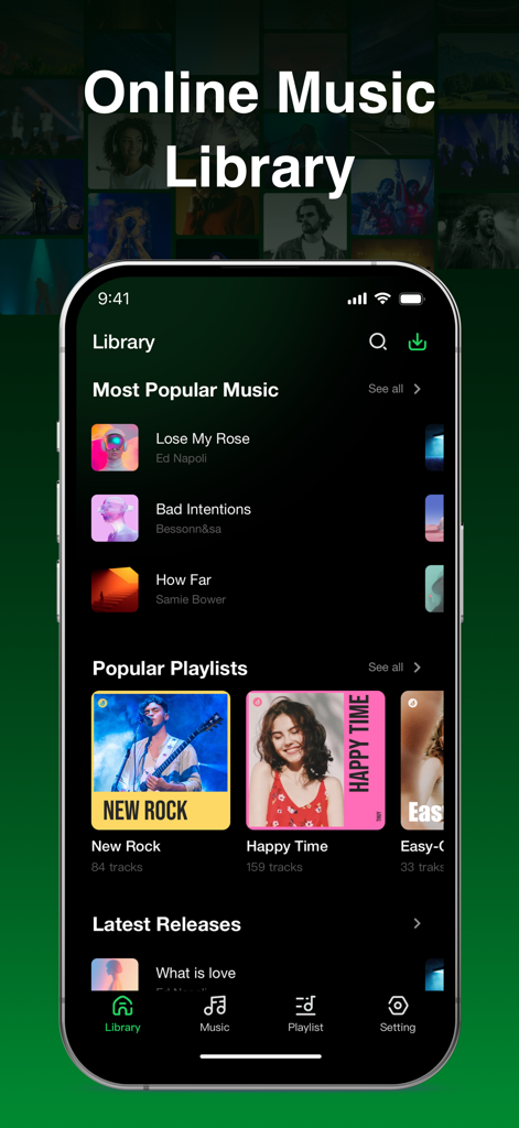 Offline Music Player Pro & MP3 - iPhone screenshot showing the online music library with popular songs and curated playlists in the Offline Music Player app.