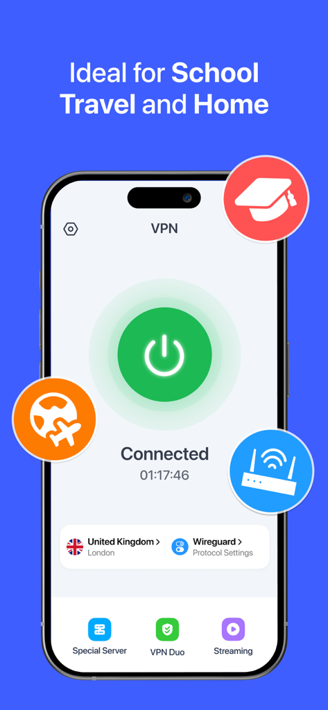 A screenshot of the VPN for iPhone app showing a successful connection to a server in London with icons for school travel and home use