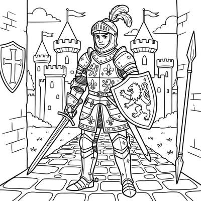 Step into a world of chivalry with this exciting coloring page featuring a brave medieval knight ready for adventure. Perfect for young artists, this design offers a fantastic opportunity to bring history to life with color.