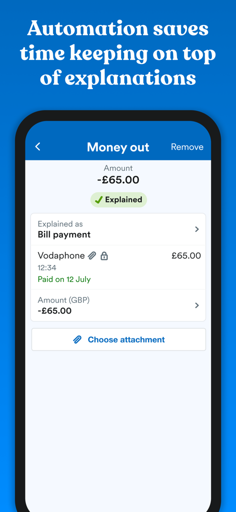 A smartphone screen displaying an automated expense explanation for a bill payment.