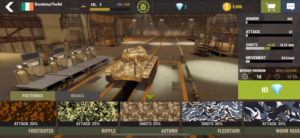 War Machines：Battle Tank Games - Tank customization menu in War Machines showing various camouflage patterns and vehicle stats in the hangar.