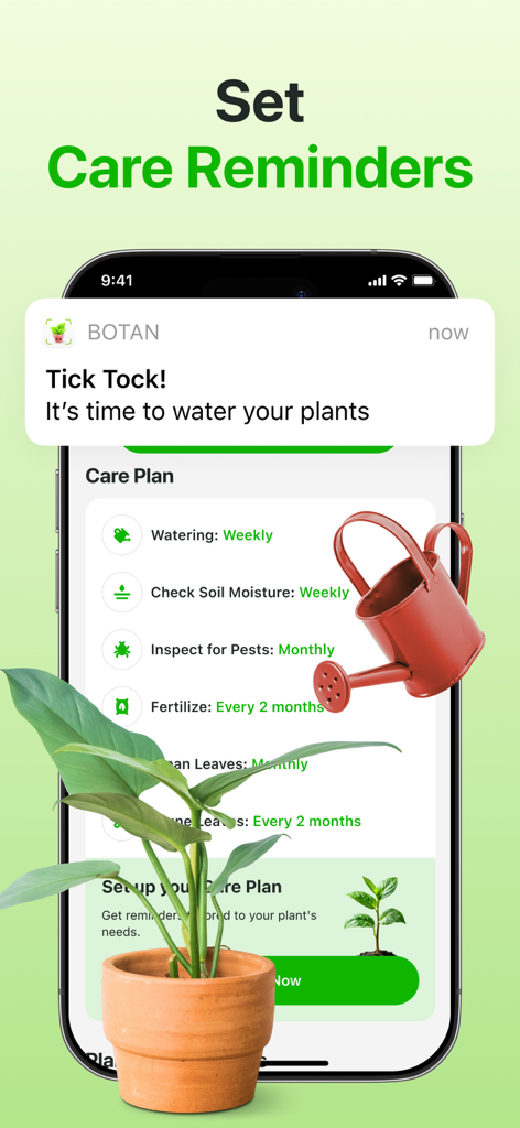 Plant Identifier & Care App - Pantalla de smartphone de la aplicación Botan que muestra recordatorios de cuidado de plantas y una notificación de riego