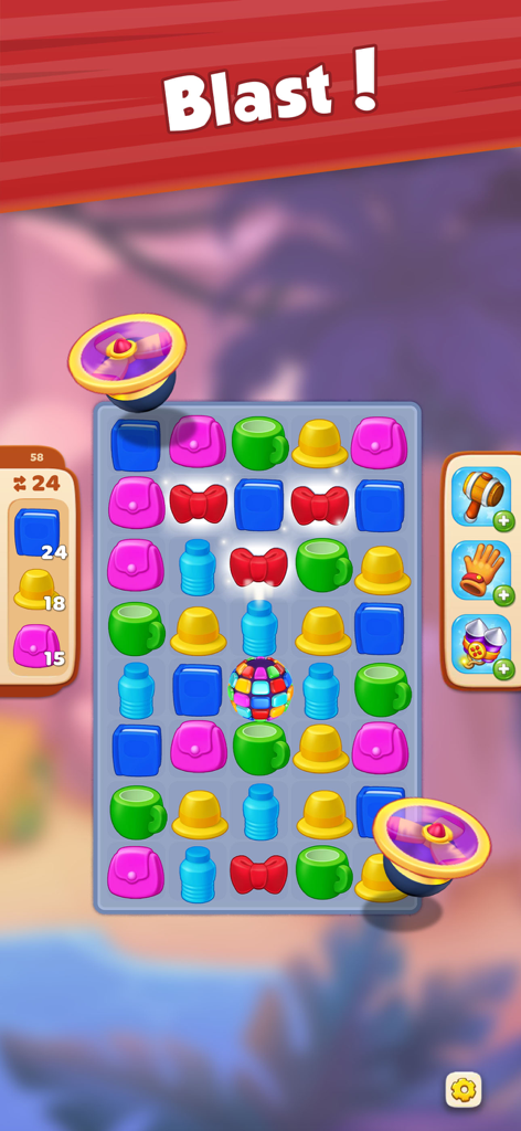 City Kitty Match - City Kitty Match gameplay screen showing a match 3 puzzle board with colorful items and boosters.