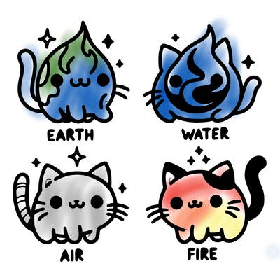 4 cats that represent the different elements, earth, water, air, and fire
