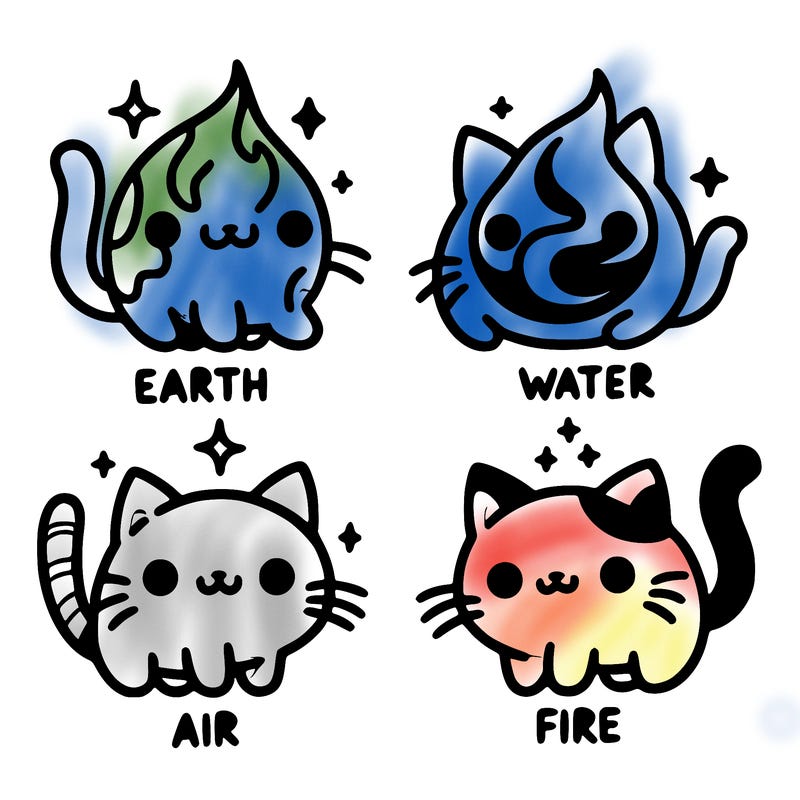 4 cats that represent the different elements, earth, water, air, and fire