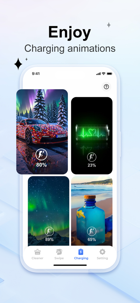 Spark Cleaner: Clean Storage - Spark Cleaner app showing aesthetic charging animations including a car in the snow and northern lights