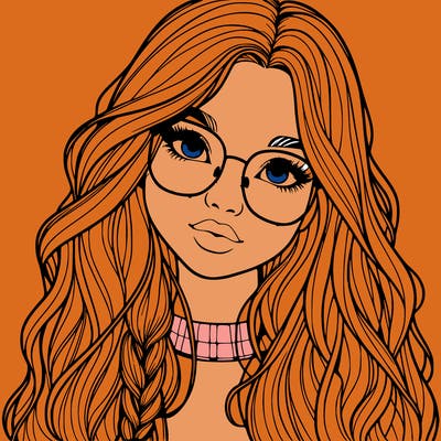 girl with long hair and freckles and glasses realistic