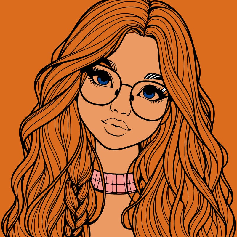 girl with long hair and freckles and glasses realistic
