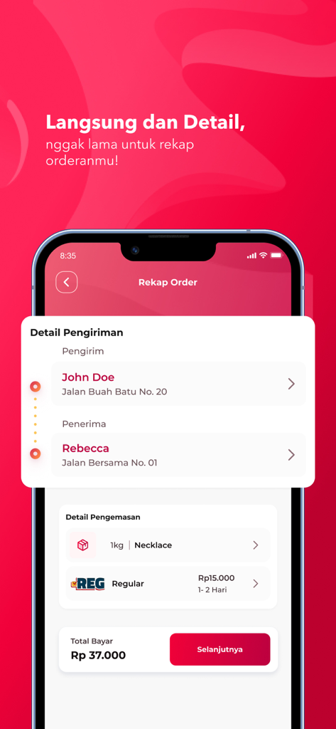 A mobile app screen displaying shipping details for a package including sender receiver and price information