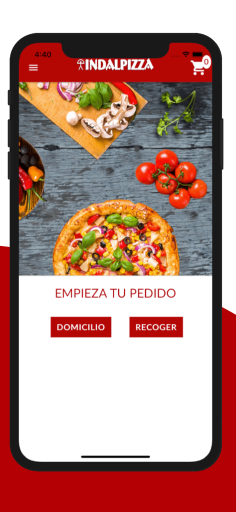 Pantalla de inicio de la app IndalPizza mostrando opciones de entrega y recogida para iniciar un pedido