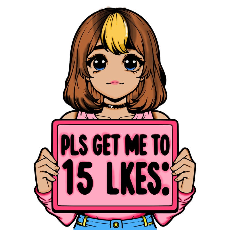 realistic girl holding up a sign that says “pls get me to 15 likes!”