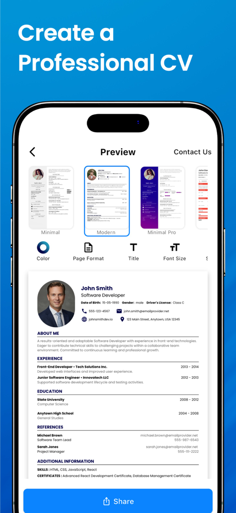 iPhone-Screenshot, der eine Vorschau eines professionellen Lebenslaufs mit verschiedenen Vorlagen und Anpassungswerkzeugen in der Lebenslauf-Ersteller-App zeigt