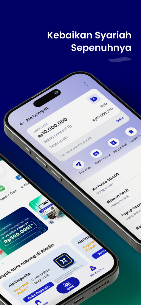 Aladin Bankモバイルアプリのインターフェース、Ala Dompetデジタルウォレットと取引履歴を表示。