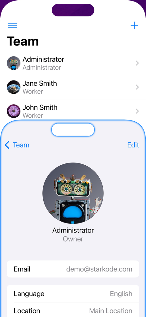 Cash Register for Business - Team management interface showing worker roles and administrator details in a business POS app