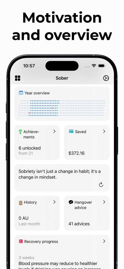 Sober - Try Dry February - Dashboard of the Sober app showing year overview, savings tracker, and motivational quotes on an iPhone.