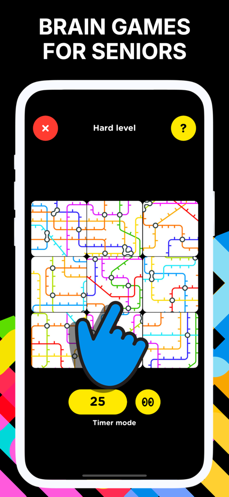 Senior brain games BlockMind - Un puzzle de lógica de nivel difícil con patrones de líneas coloridas en la interfaz de la aplicación BlockMind de juegos cerebrales para mayores.