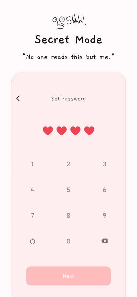 404Log - Crush Diary - 숫자 키패드가 있는 하트 테마의 비밀번호 입력 인터페이스를 특징으로 하는 404Log 앱의 시크릿 모드 화면.