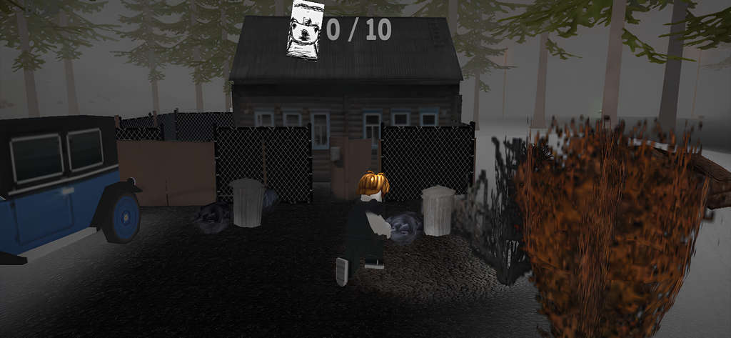 99 nights in the Scary forest - Un personaje explora un bosque oscuro y neblinoso cerca de una cabaña de madera y un coche antiguo en el juego 99 noches en el Bosque Tenebroso.