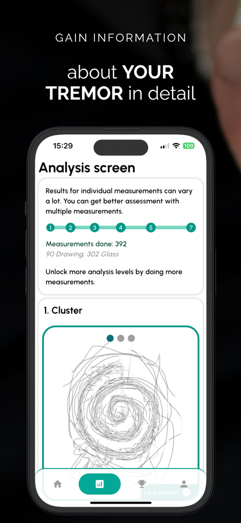 Steady Hands - tremor meter - Analysis screen showing hand tremor measurement data and a spiral drawing test