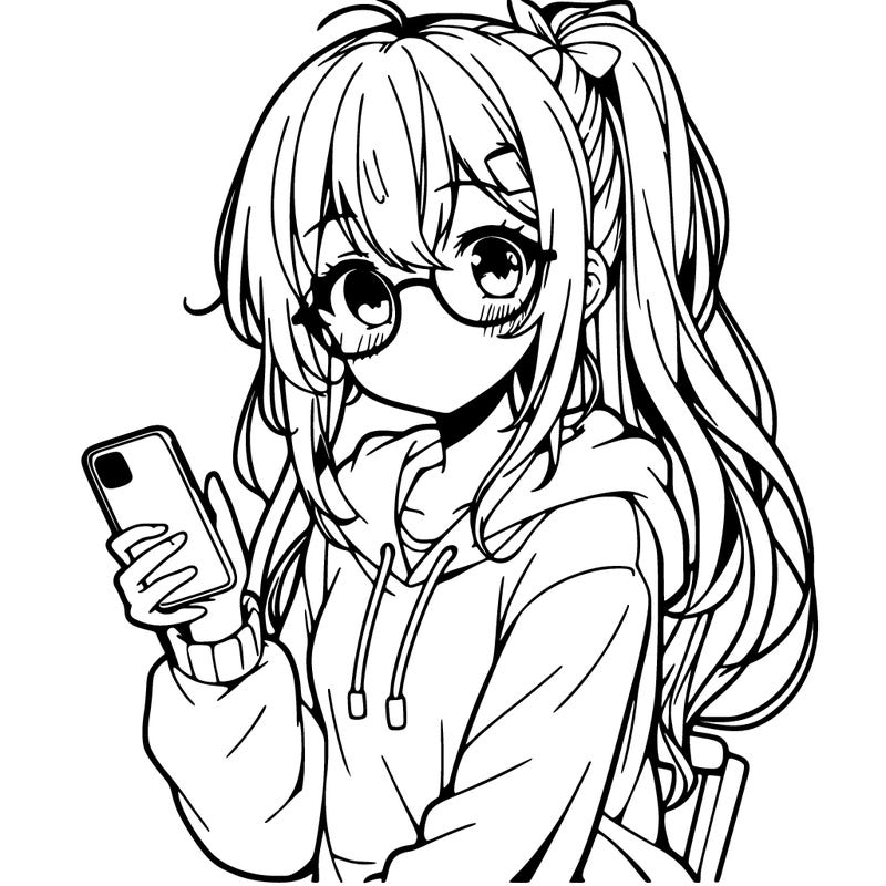 anime girl with glasses with ponytail with a phone