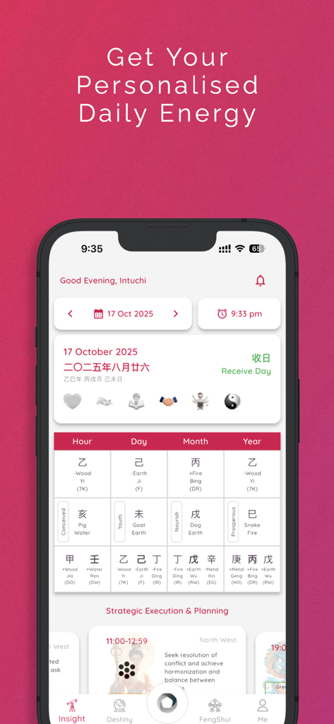Intuchi app interface showing personalized daily energy and a BaZi chart for strategic planning.
