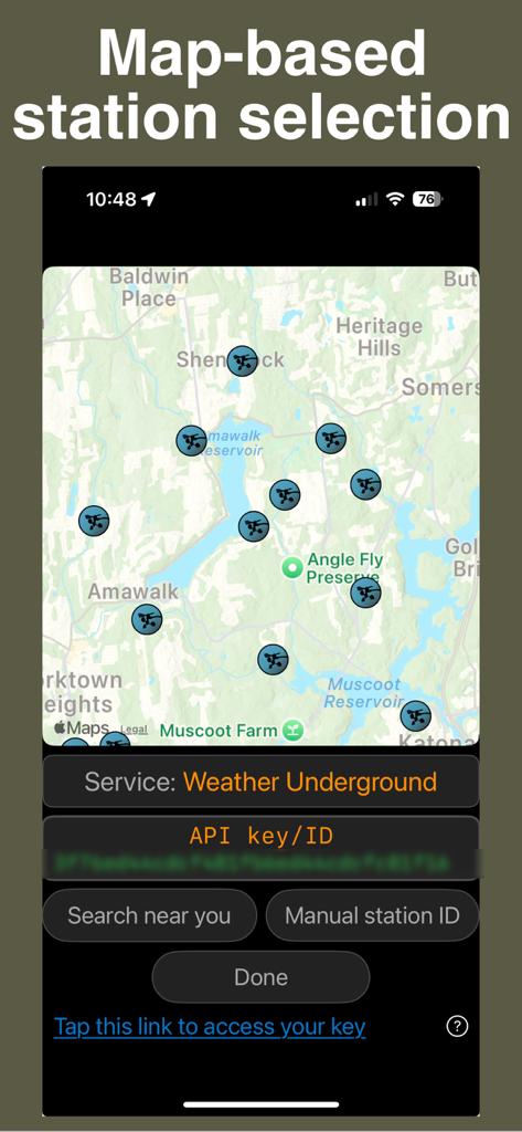 PWS weather station monitor - Map based station selection screen showing local weather stations on a map