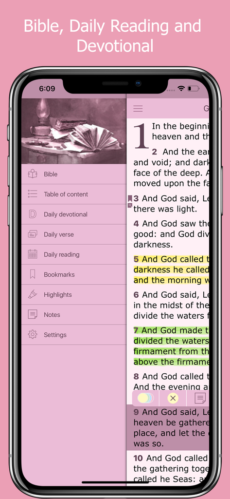 Bible for Women & Daily Study - Smartphone screen showing the Bible for Women app with pink theme and highlighted scripture