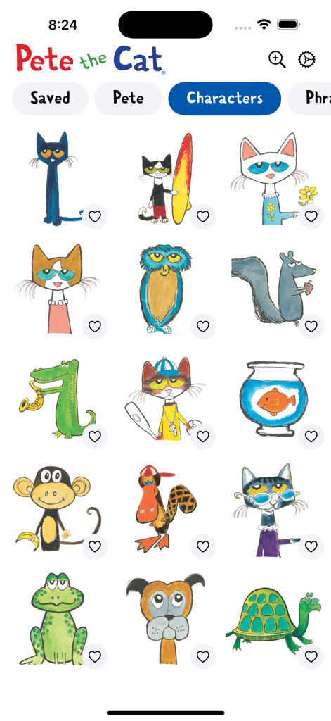 Pete The Cat - Stickers - A collection of Pete the Cat character stickers featuring various hand-drawn animals like a monkey and a frog