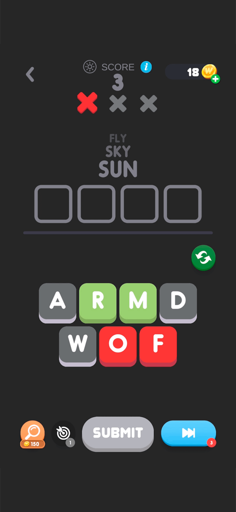 A gameplay screen of the Wordle mobile app showing a four letter word puzzle with score and booster buttons