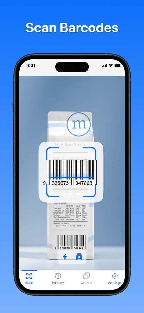 Pantalla de aplicación de iPhone utilizando una aplicación de escáner de códigos QR y de barras para escanear el código de barras de un producto.