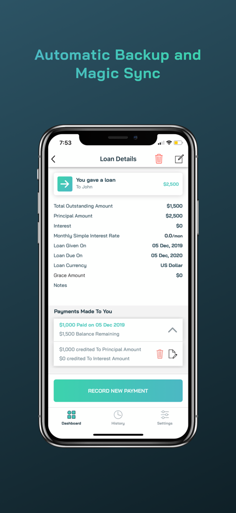 Mobile screen of Freebird app showing loan details for a borrower including balance and payments