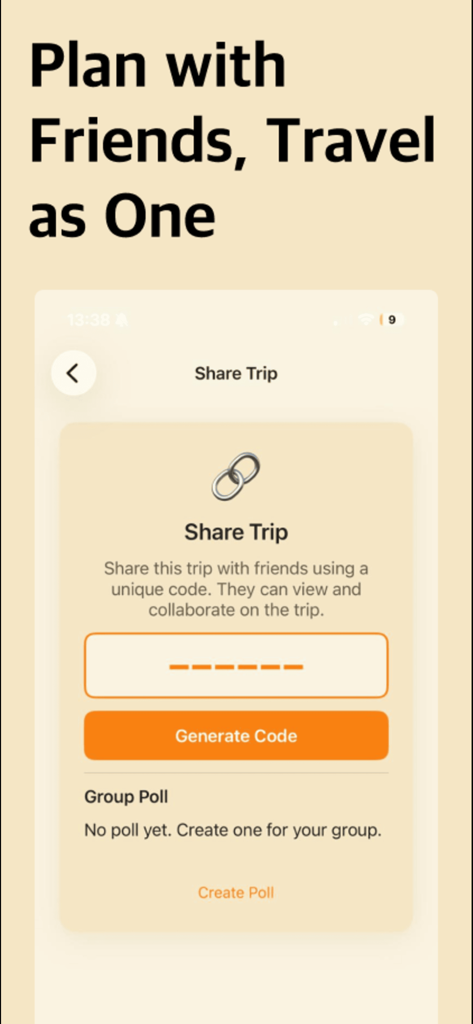 여행을 공유하고 그룹 설문 조사를 만드는 옵션을 보여주는 모바일 앱 화면