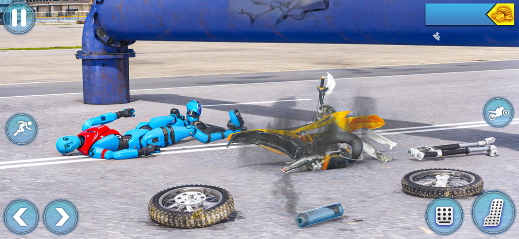 Moto Bike Ragdoll Fall Crash - 충돌 후 부서진 노란색 오토바이 옆에 누워 있는 파란색 래그돌 캐릭터