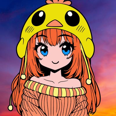 anime girl with chick shaped hat with sweater with bare shoulders with bangs covering them one eye with low tail