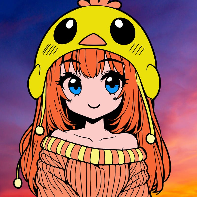 anime girl with chick shaped hat with sweater with bare shoulders with bangs covering them one eye with low tail