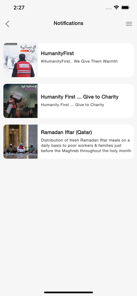 QRCS - QRCS app notifications screen displaying charity campaigns and humanitarian aid updates