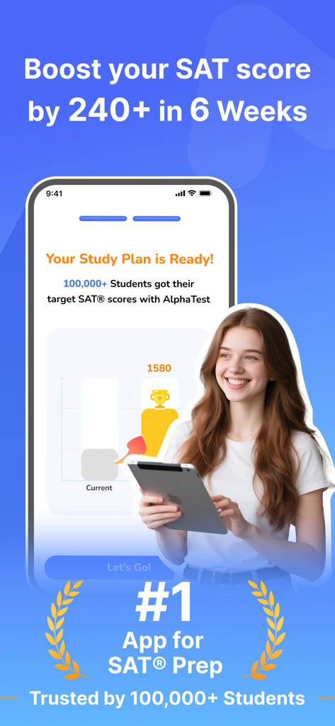 Smartphone screen of AlphaTest SAT Prep app highlighting score improvement and personal study plan