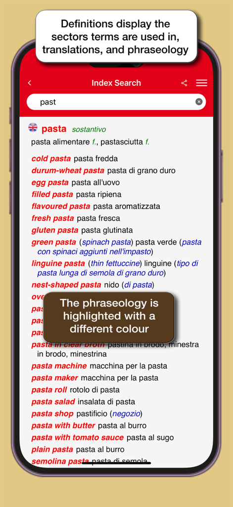 Dizionario di Gastronomia - Pantalla de la aplicación de diccionario de comida italiano-inglés que muestra una lista de definiciones y traducciones de pasta.