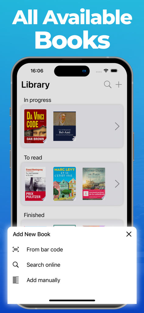 Book Tracker : all your books - Book Tracker app library displaying reading progress and new book entry options.