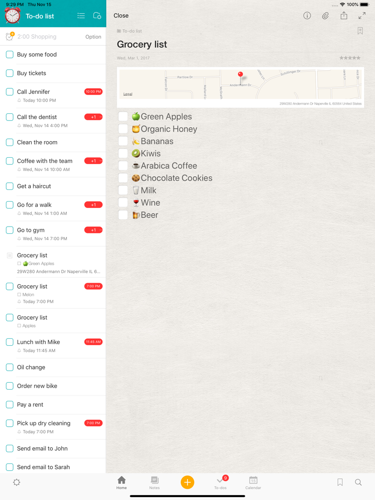 Awesome Note 2 for iPad interface displaying a to-do list sidebar and a detailed grocery checklist with emojis and a map.