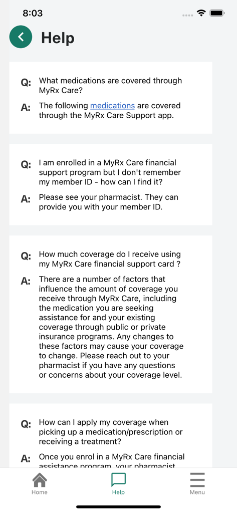 MyRx Care Support - Help screen of MyRx Care Support app displaying FAQs about medication coverage and financial support programs