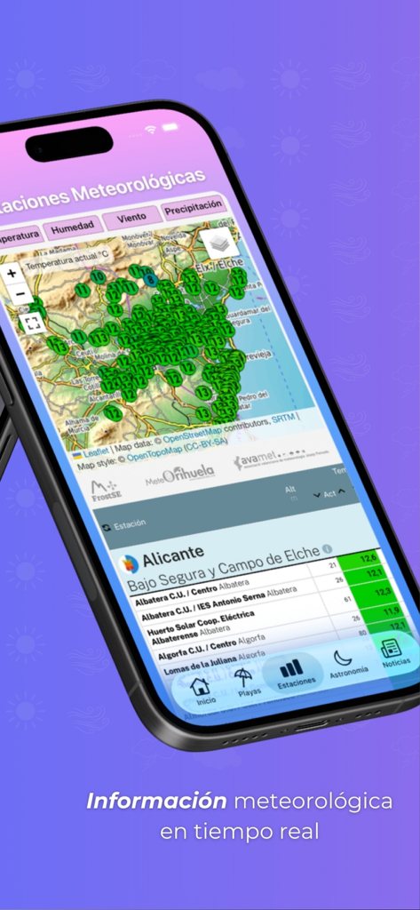 MeteOrihuela App-Oberfläche mit Echtzeit-Wetterstation-Daten auf einer Karte.