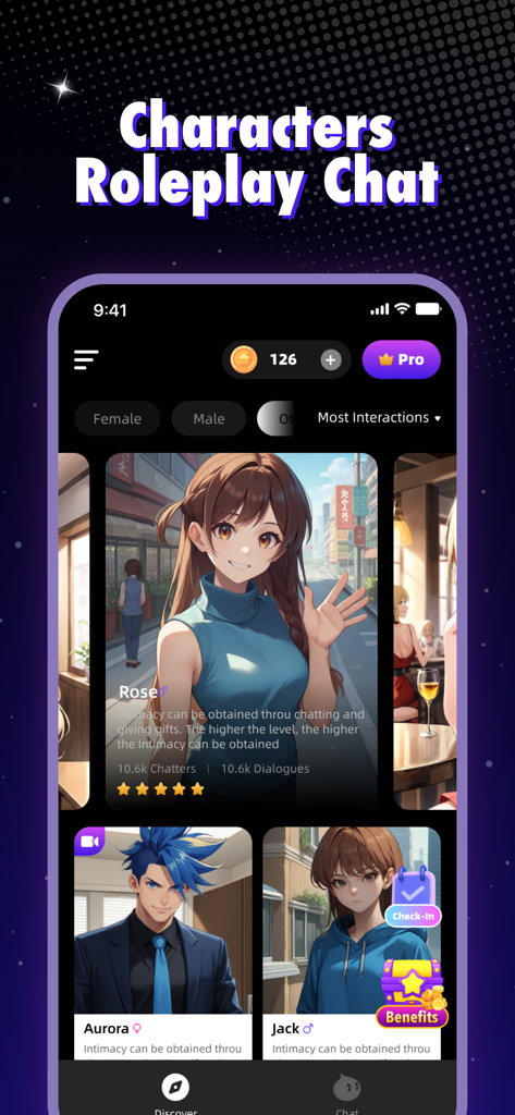 Character.Me: AI & Video Chat - Character.Me app screen showing a library of anime AI characters for roleplay chat