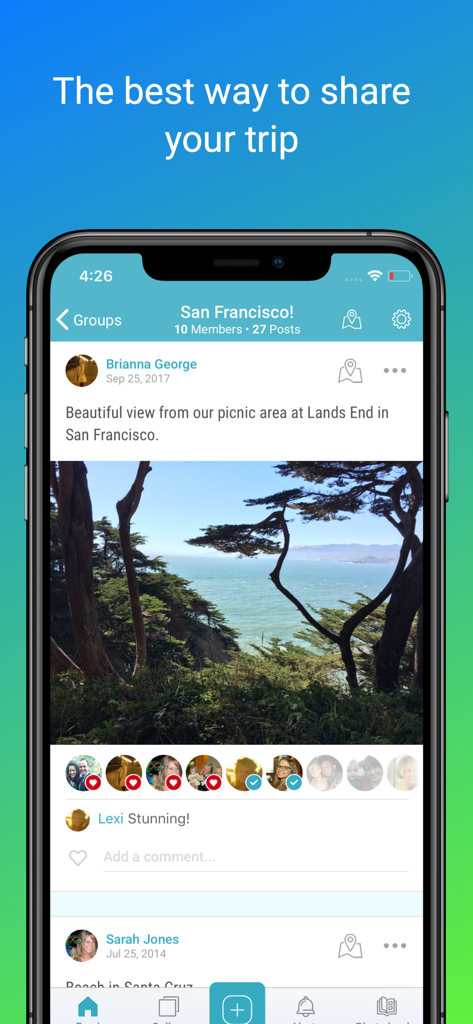 Tripcast app interface showing a private travel photo feed with comments and group members for a San Francisco trip