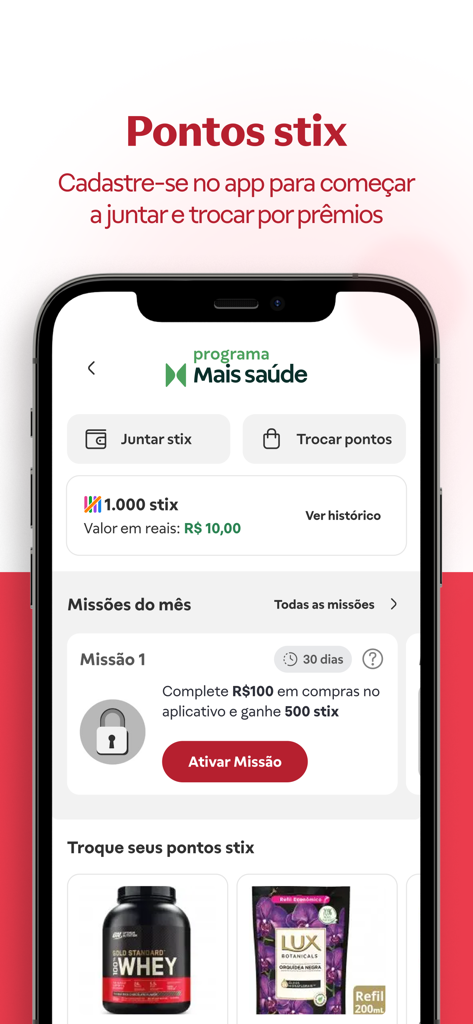 Drogasil: Drogaria Online 24h - Interface of the Drogasil app loyalty program showing Stix points balance and monthly rewards missions