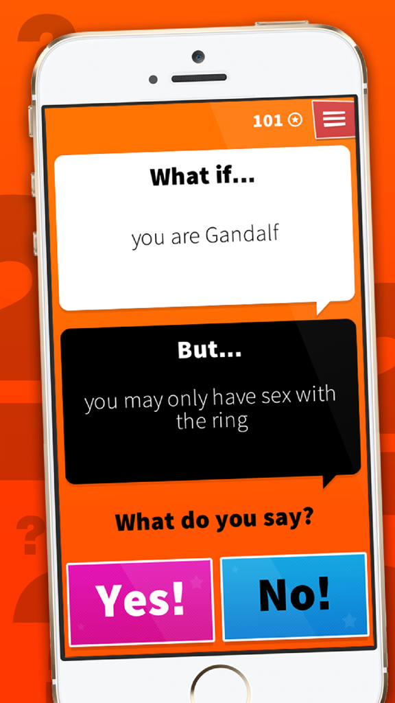 What Ifアプリのスクリーンショット。イエスとノーのボタンが付いた仮定の質問を表示