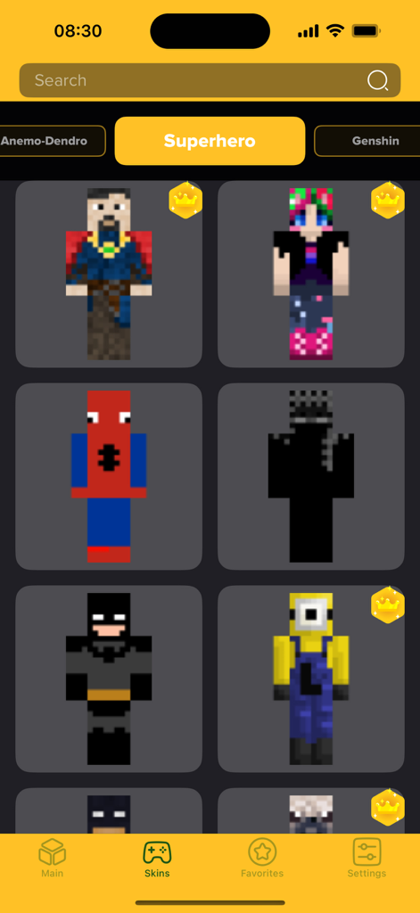 Interfaz de la aplicación Nova Skins mostrando skins de Minecraft de superhéroes como Spiderman y Batman