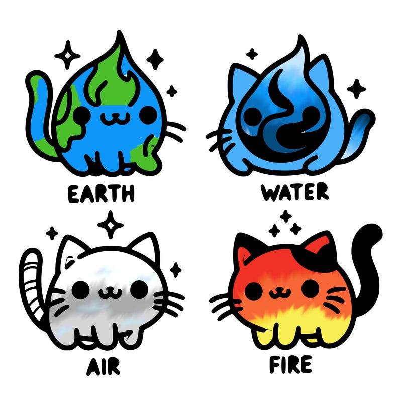 4 cats that represent the different elements, earth, water, air, and fire