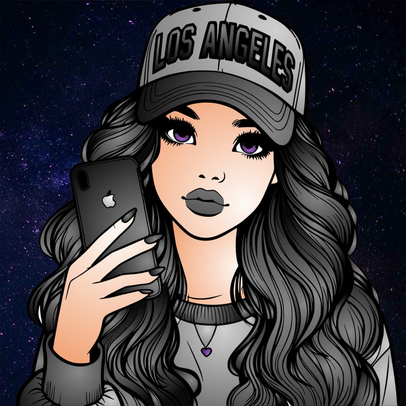 realistic beautiful girl wearing los ángeles cap holding an iphone