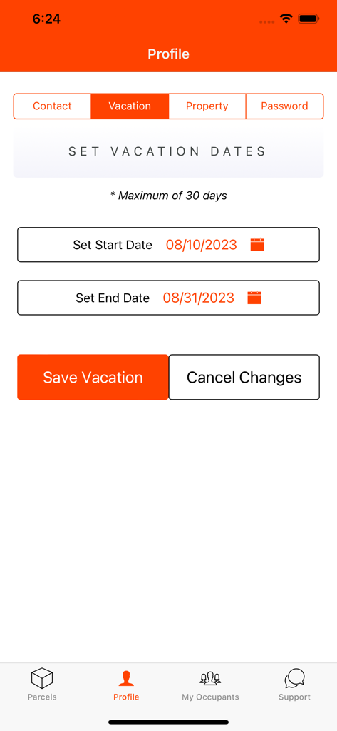 Parcel Pending Mobile app vacation mode screen for setting delivery suspension dates